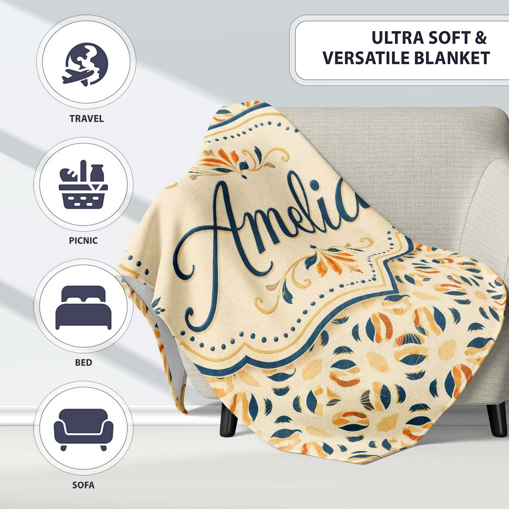 Modern Organic Leaf and Petal Pattern in Warm Neutrals Blue Accents  Personalised Custom Name Super Soft Fleece Blanket Bed Sofa Throw