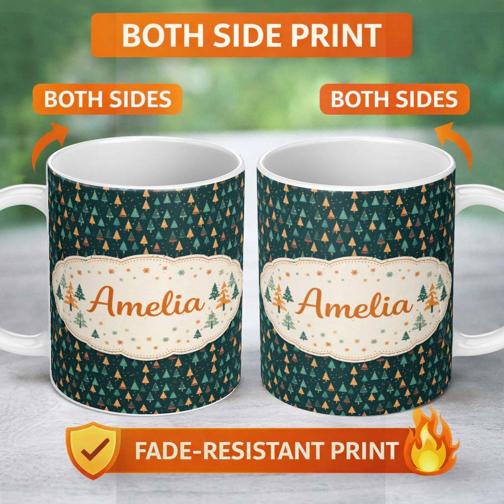 Personalized Custom Name Christmas Tree Festive Pattern Dark Teal Background Seamless Pattern 11oz Ceramic Coffee Tea Mug White Large Handle