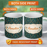 Personalized Custom Name Christmas Tree Festive Pattern Dark Teal Background Seamless Pattern 11oz Ceramic Coffee Tea Mug White Large Handle