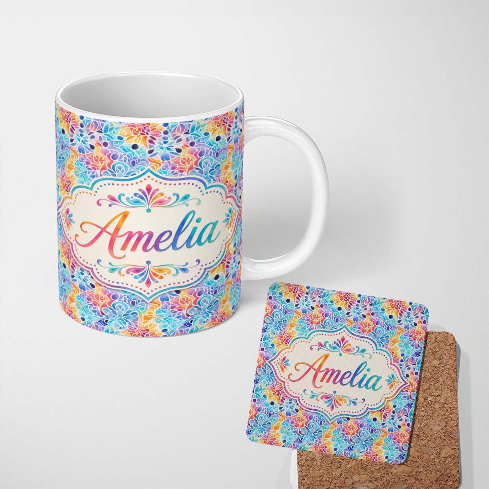 Personalized Custom Name Vibrant Rainbow Floral Abstract Pattern with Bold Multicolour 11oz Ceramic Coffee Tea Mug White Large Handle