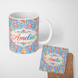 Personalized Custom Name Vibrant Rainbow Floral Abstract Pattern with Bold Multicolour 11oz Ceramic Coffee Tea Mug White Large Handle