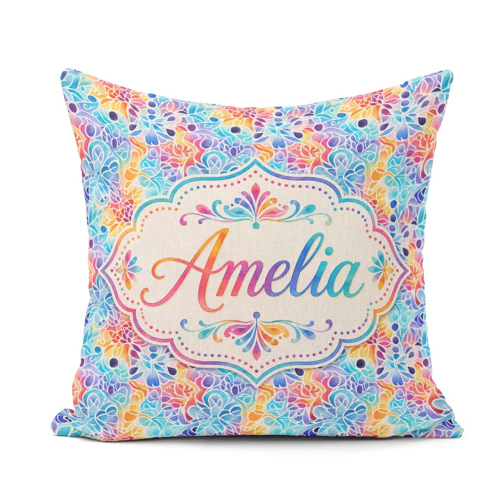 Custom Name Vibrant Rainbow Floral Pattern with Bold Multicolour Square Filled Cushion Throw Pillow Sofa Bed Home Decor Zip Washable UK Made