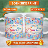 Personalized Custom Name Vibrant Rainbow Floral Abstract Pattern with Bold Multicolour 11oz Ceramic Coffee Tea Mug White Large Handle