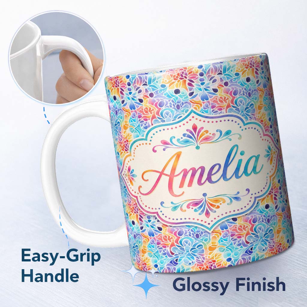 Personalized Custom Name Vibrant Rainbow Floral Abstract Pattern with Bold Multicolour 11oz Ceramic Coffee Tea Mug White Large Handle