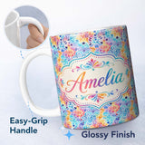 Personalized Custom Name Vibrant Rainbow Floral Abstract Pattern with Bold Multicolour 11oz Ceramic Coffee Tea Mug White Large Handle