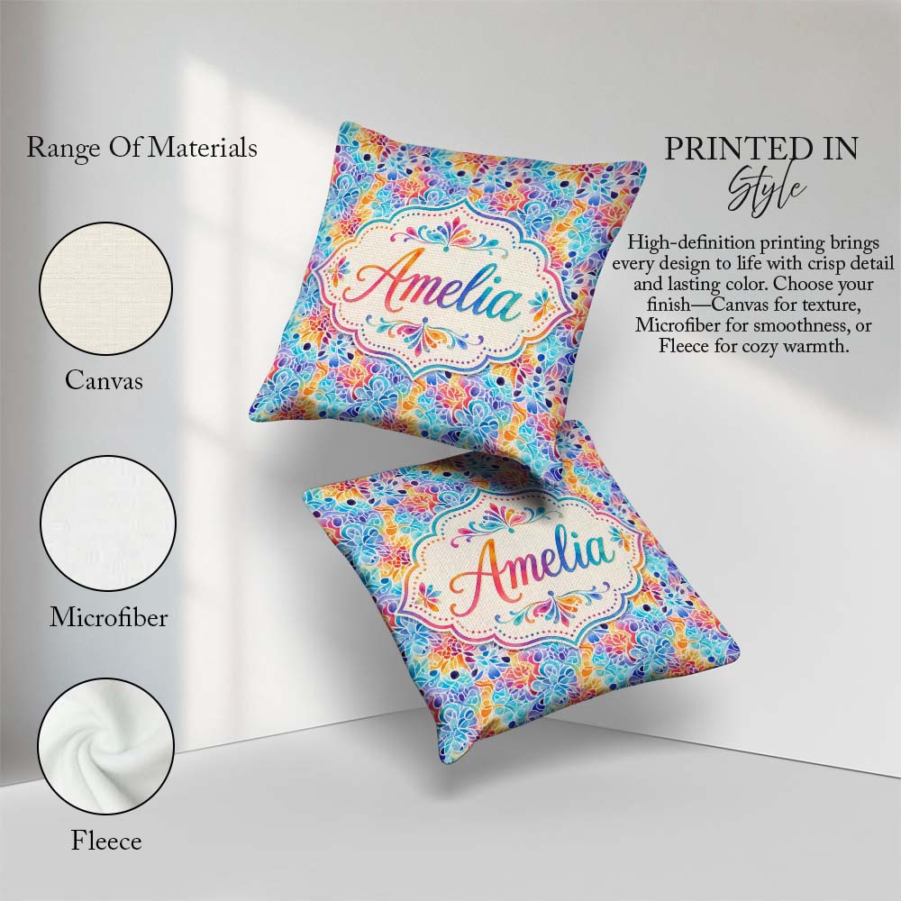 Custom Name Vibrant Rainbow Floral Pattern with Bold Multicolour Square Filled Cushion Throw Pillow Sofa Bed Home Decor Zip Washable UK Made