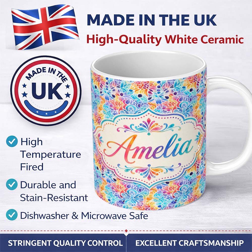 Personalized Custom Name Vibrant Rainbow Floral Abstract Pattern with Bold Multicolour 11oz Ceramic Coffee Tea Mug White Large Handle