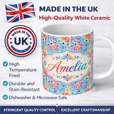 Personalized Custom Name Vibrant Rainbow Floral Abstract Pattern with Bold Multicolour 11oz Ceramic Coffee Tea Mug White Large Handle