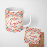 Personalized Custom Name Soft Watercolour Floral Burst Pattern in Pastel Pink Yellow and 11oz Ceramic Coffee Tea Mug White Large Handle