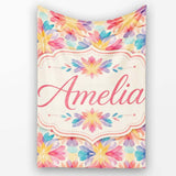 Soft Watercolour Floral Burst Pattern in Pastel Pink Yellow and  Personalised Custom Name Super Soft Fleece Blanket Bed Sofa Throw
