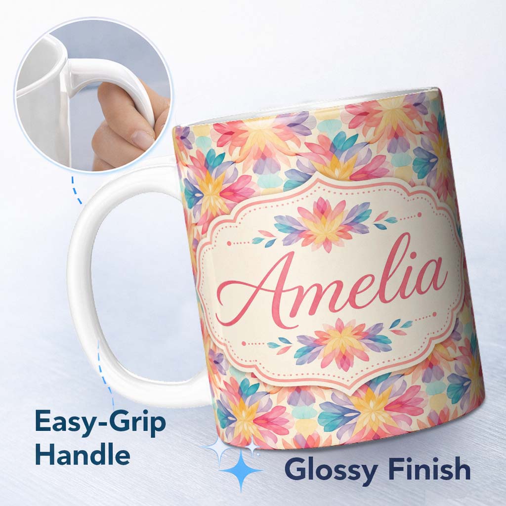 Personalized Custom Name Soft Watercolour Floral Burst Pattern in Pastel Pink Yellow and 11oz Ceramic Coffee Tea Mug White Large Handle