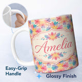 Personalized Custom Name Soft Watercolour Floral Burst Pattern in Pastel Pink Yellow and 11oz Ceramic Coffee Tea Mug White Large Handle