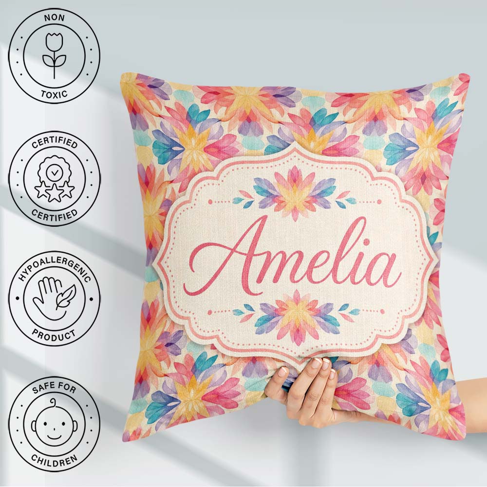 Custom Name Soft Floral Burst Pattern in Pastel Pink Yellow and Square Filled Cushion Throw Pillow Sofa Bed Home Decor Zip Washable UK Made