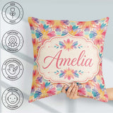 Custom Name Soft Floral Burst Pattern in Pastel Pink Yellow and Square Filled Cushion Throw Pillow Sofa Bed Home Decor Zip Washable UK Made