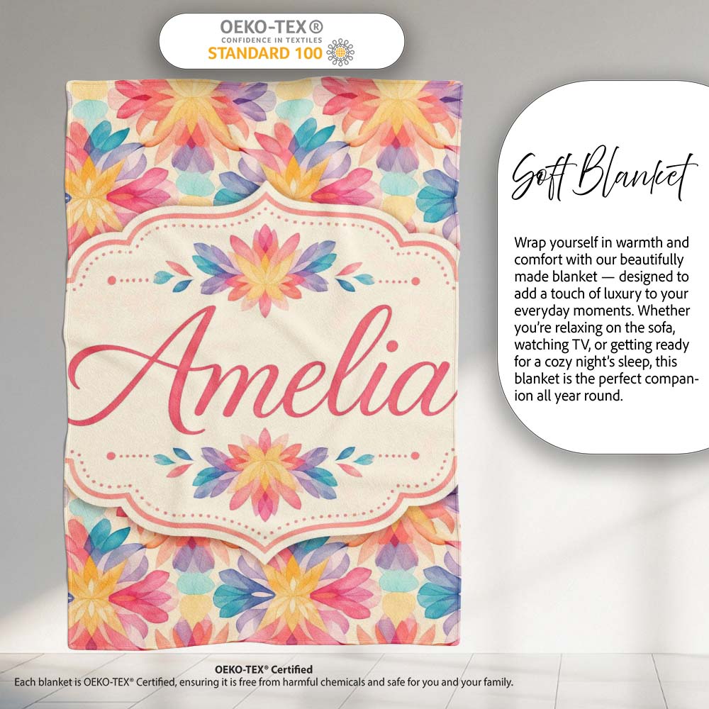 Soft Watercolour Floral Burst Pattern in Pastel Pink Yellow and  Personalised Custom Name Super Soft Fleece Blanket Bed Sofa Throw