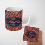 Personalized Custom Name Bold Floral Tile Pattern in Orange and Teal Geometric Style Name 11oz Ceramic Coffee Tea Mug White Large Handle