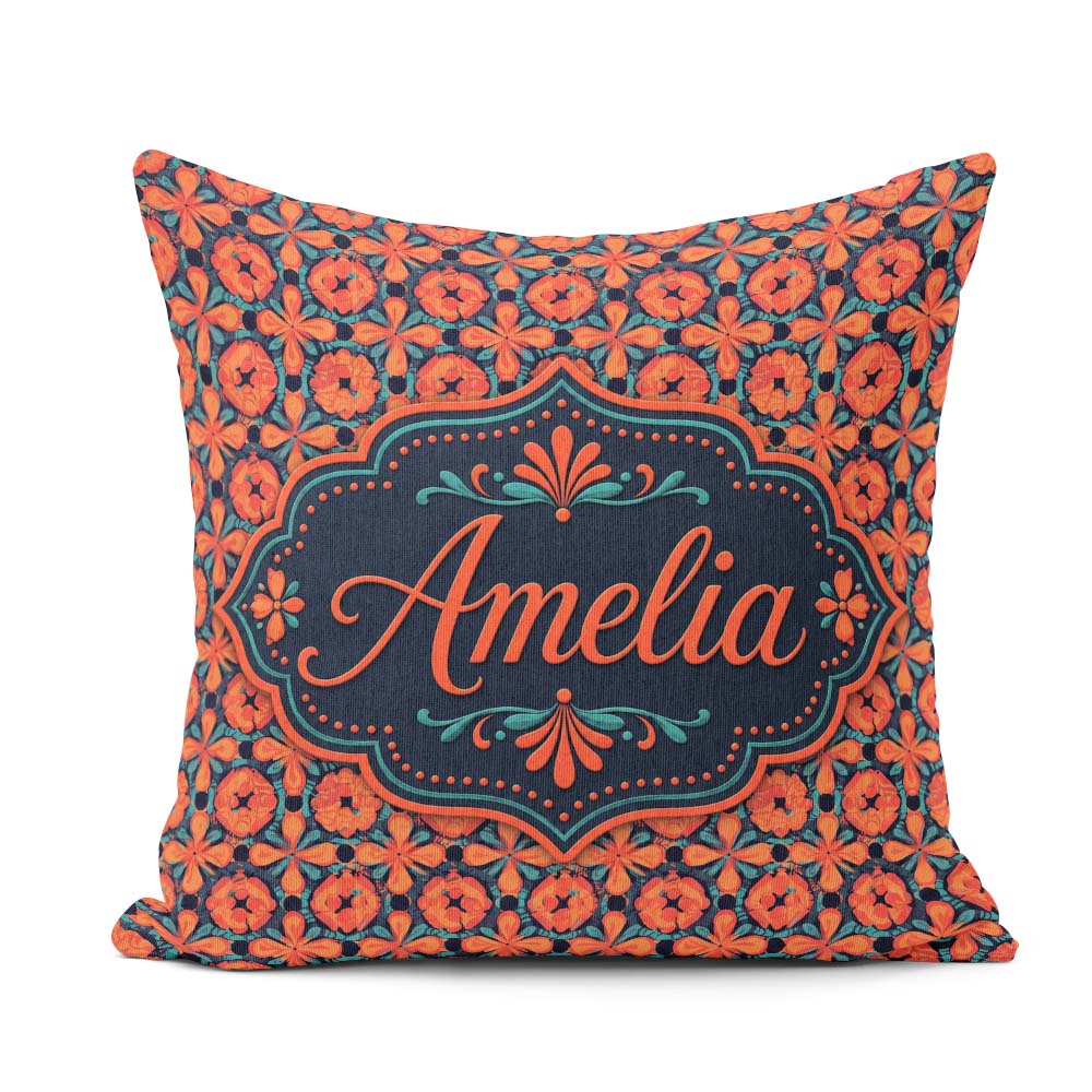 Custom Name Bold Floral Tile Pattern in and Teal Geometric Style Square Filled Cushion Throw Pillow Sofa Bed Home Decor Zip Washable UK Made