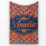 Bold Floral Tile Pattern in Orange and Teal Geometric Style Name  Personalised Custom Name Super Soft Fleece Blanket Bed Sofa Throw