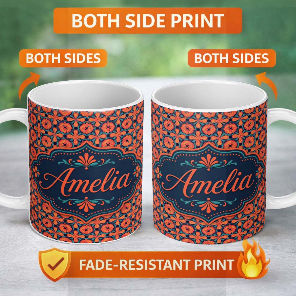 Personalized Custom Name Bold Floral Tile Pattern in Orange and Teal Geometric Style Name 11oz Ceramic Coffee Tea Mug White Large Handle