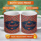 Personalized Custom Name Bold Floral Tile Pattern in Orange and Teal Geometric Style Name 11oz Ceramic Coffee Tea Mug White Large Handle
