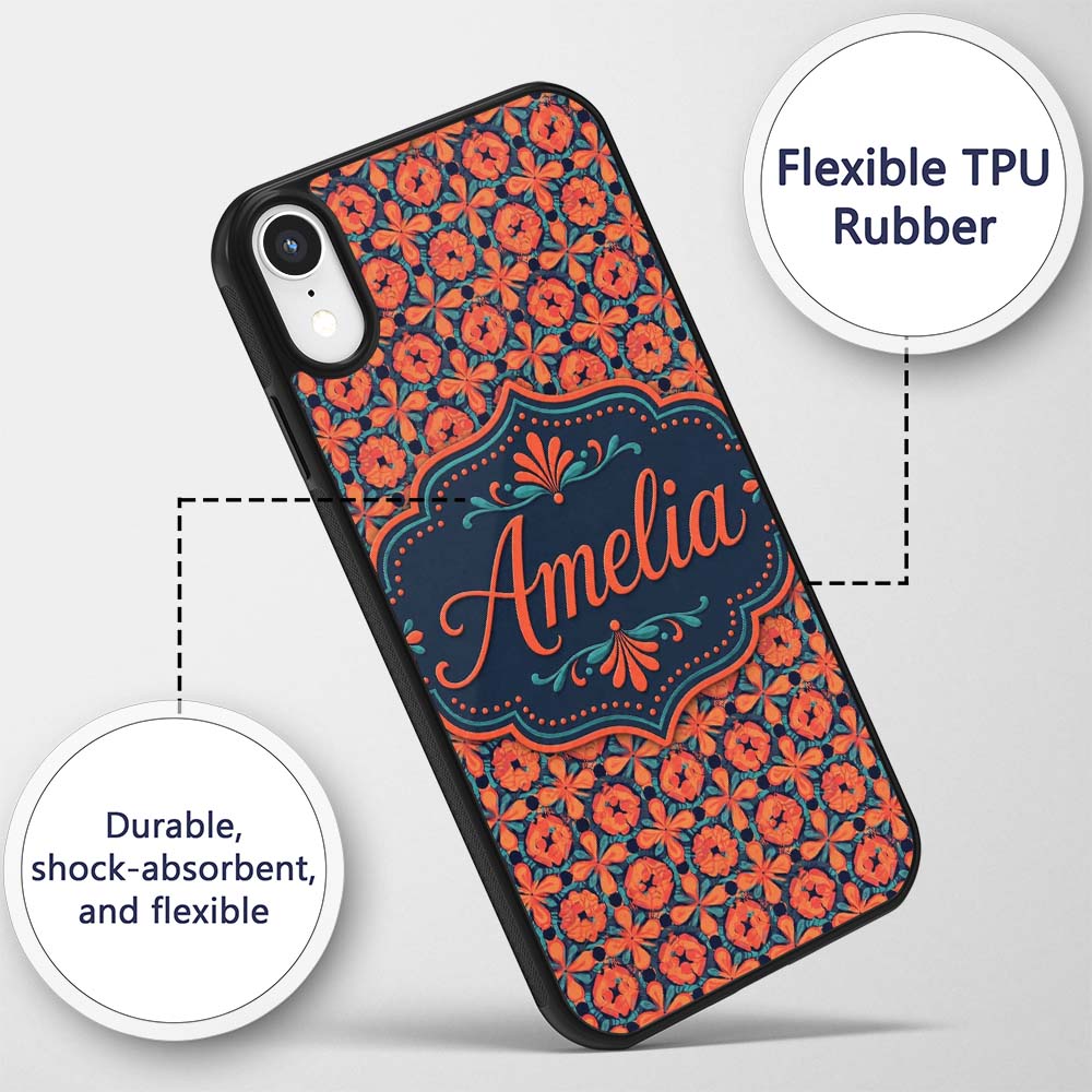Bold Floral Tile Pattern in Orange Printed Design Custom Name Protective Phone Case Mobile Cover Durable Everyday Smartphone Shock Resistant