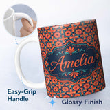 Personalized Custom Name Bold Floral Tile Pattern in Orange and Teal Geometric Style Name 11oz Ceramic Coffee Tea Mug White Large Handle