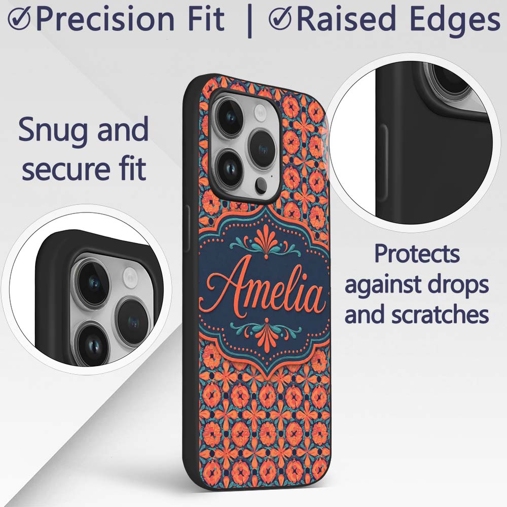 Bold Floral Tile Pattern in Orange Printed Design Custom Name Protective Phone Case Mobile Cover Durable Everyday Smartphone Shock Resistant
