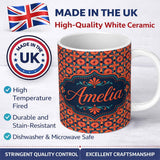 Personalized Custom Name Bold Floral Tile Pattern in Orange and Teal Geometric Style Name 11oz Ceramic Coffee Tea Mug White Large Handle