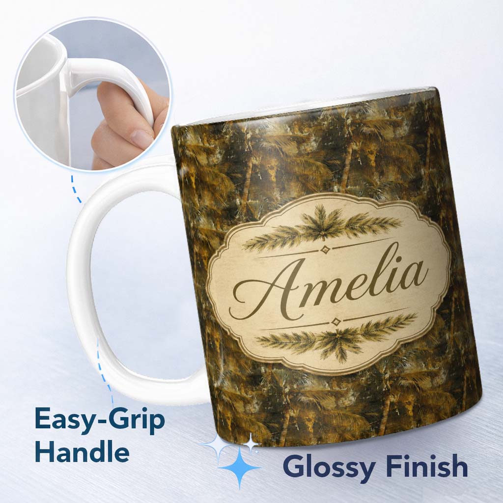 Personalized Custom Name Grunge Style Tropical Palm Tree Pattern in Dark Earthy Brown Tones 11oz Ceramic Coffee Tea Mug White Large Handle