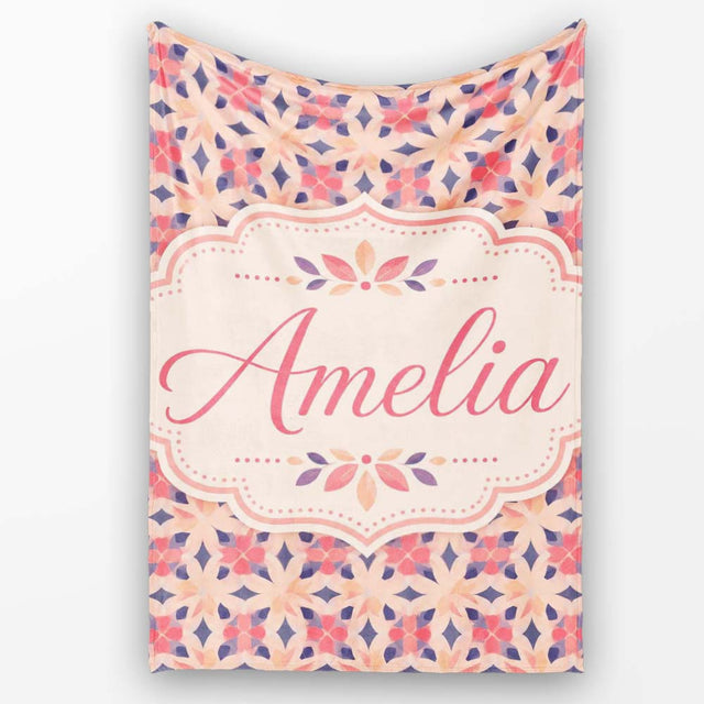 Elegant Geometric Floral Star Pattern in Blush Pink and Navy Tones  Personalised Custom Name Super Soft Fleece Blanket Bed Sofa Throw