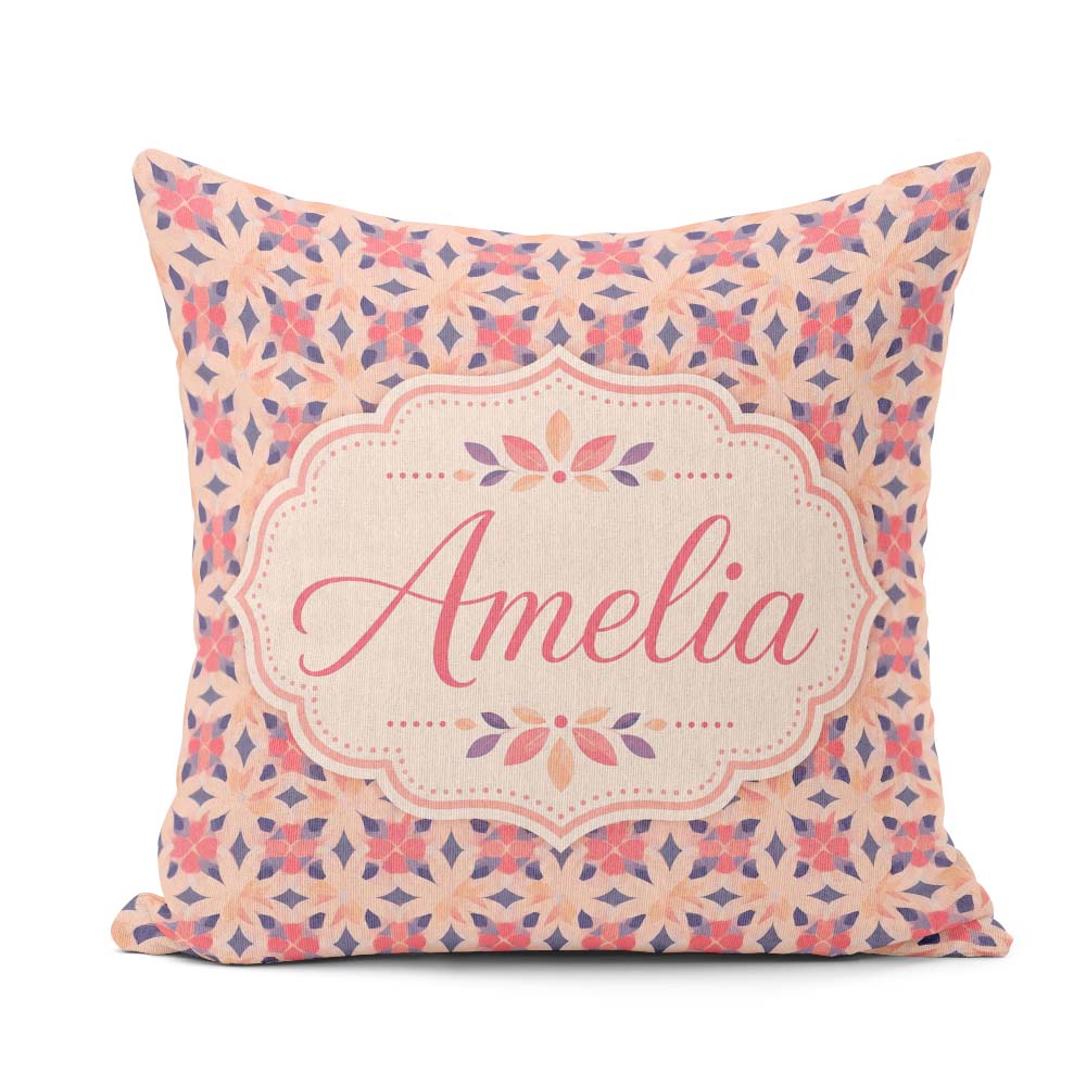 Custom Name Elegant Geometric Floral Star in Blush Pink and Navy Square Filled Cushion Throw Pillow Sofa Bed Home Decor Zip Washable UK Made