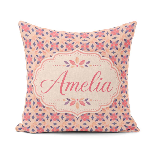 Custom Name Elegant Geometric Floral Star in Blush Pink and Navy Square Filled Cushion Throw Pillow Sofa Bed Home Decor Zip Washable UK Made