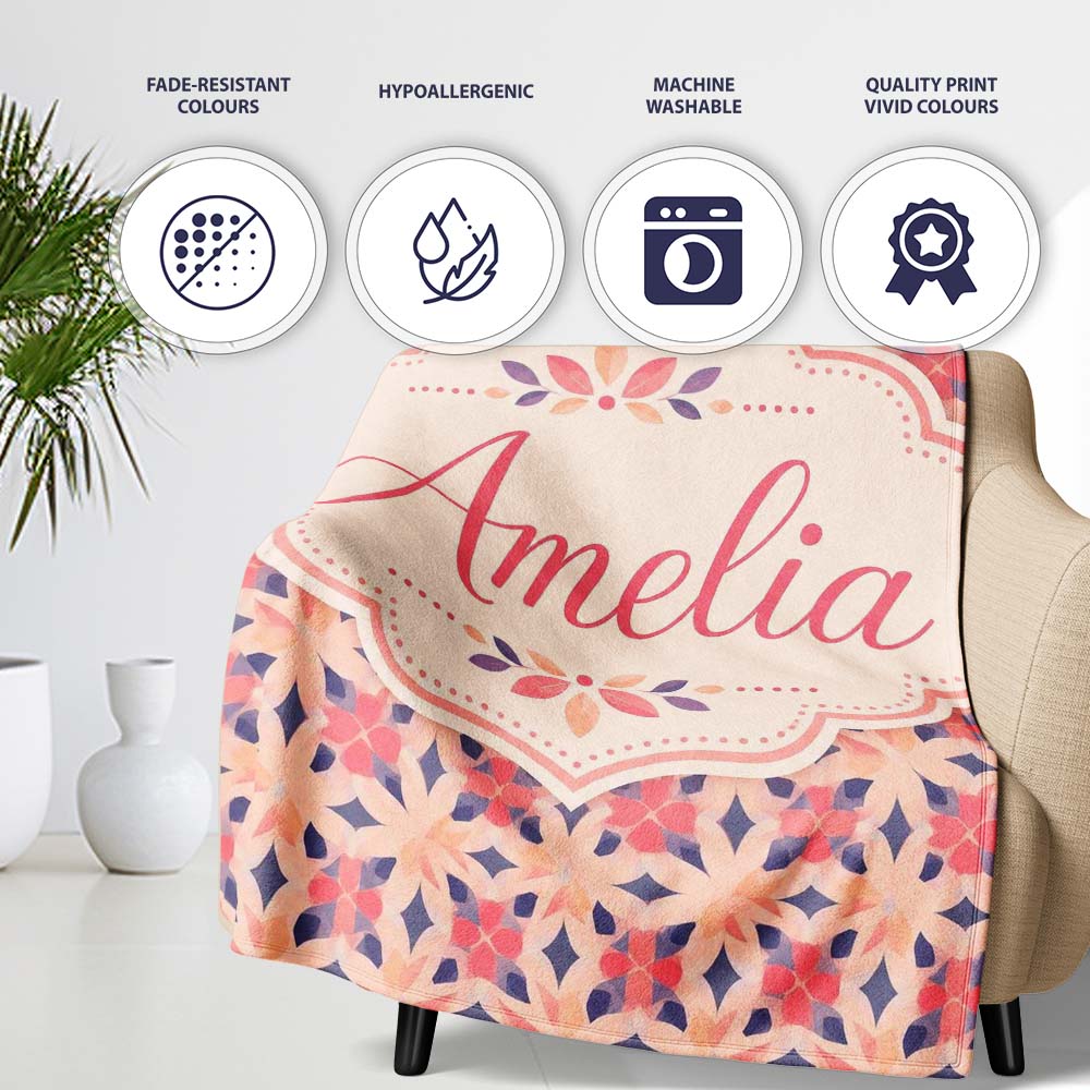 Elegant Geometric Floral Star Pattern in Blush Pink and Navy Tones  Personalised Custom Name Super Soft Fleece Blanket Bed Sofa Throw