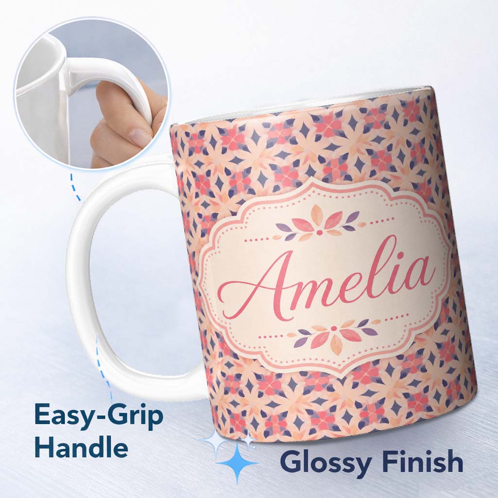 Personalized Custom Name Elegant Geometric Floral Star Pattern in Blush Pink and Navy Tones 11oz Ceramic Coffee Tea Mug White Large Handle