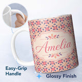Personalized Custom Name Elegant Geometric Floral Star Pattern in Blush Pink and Navy Tones 11oz Ceramic Coffee Tea Mug White Large Handle