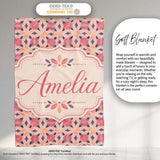 Elegant Geometric Floral Star Pattern in Blush Pink and Navy Tones  Personalised Custom Name Super Soft Fleece Blanket Bed Sofa Throw