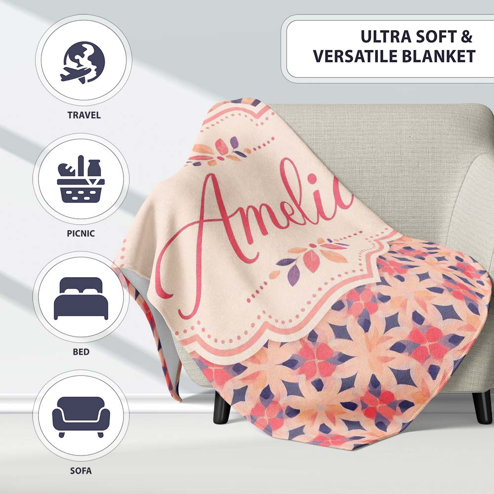 Elegant Geometric Floral Star Pattern in Blush Pink and Navy Tones  Personalised Custom Name Super Soft Fleece Blanket Bed Sofa Throw