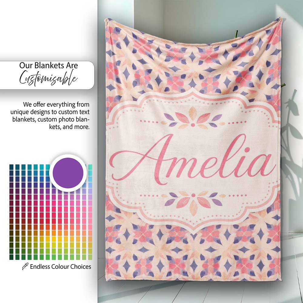 Elegant Geometric Floral Star Pattern in Blush Pink and Navy Tones  Personalised Custom Name Super Soft Fleece Blanket Bed Sofa Throw