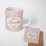 Personalized Custom Name Classic Fleur de Lis Pattern in Mauve on Cream Vintage Style Name 11oz Ceramic Coffee Tea Mug White Large Handle
