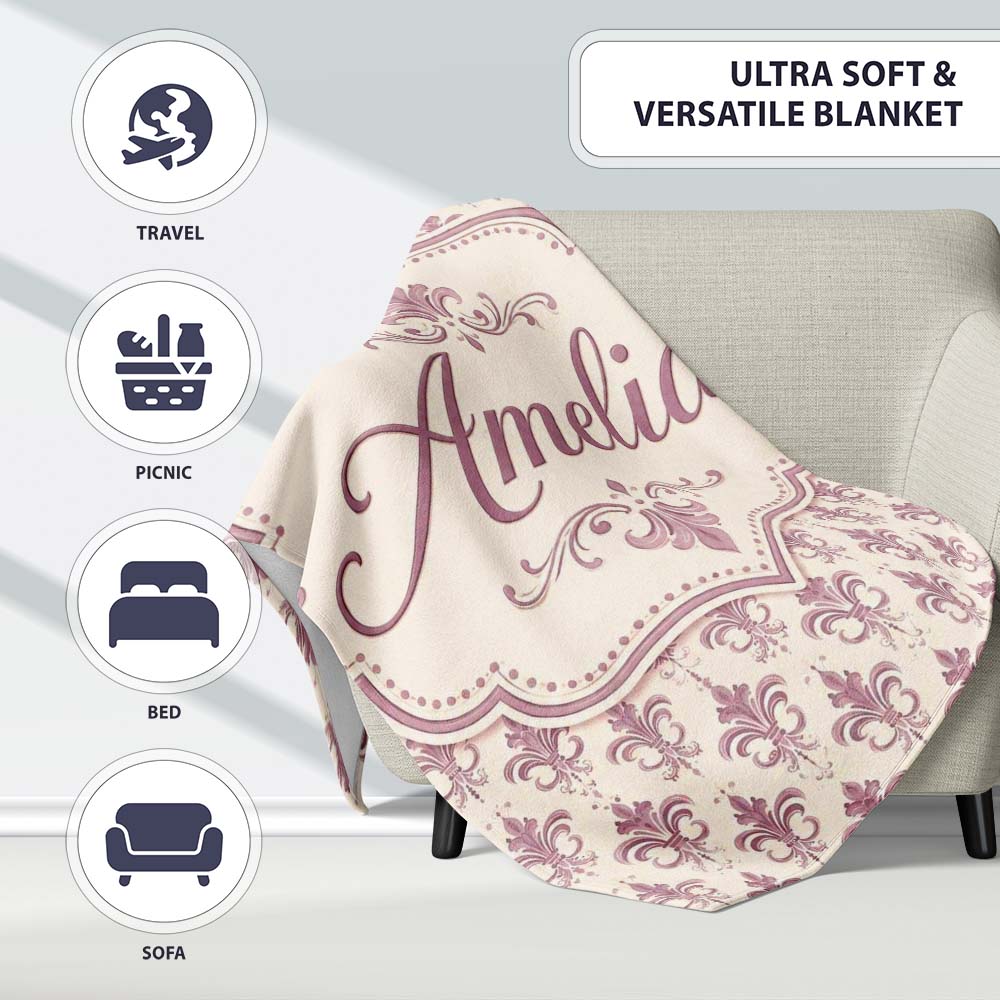 Classic Fleur de Lis Pattern in Mauve on Cream Vintage Style Name  Personalised Custom Name Super Soft Fleece Blanket Bed Sofa Throw