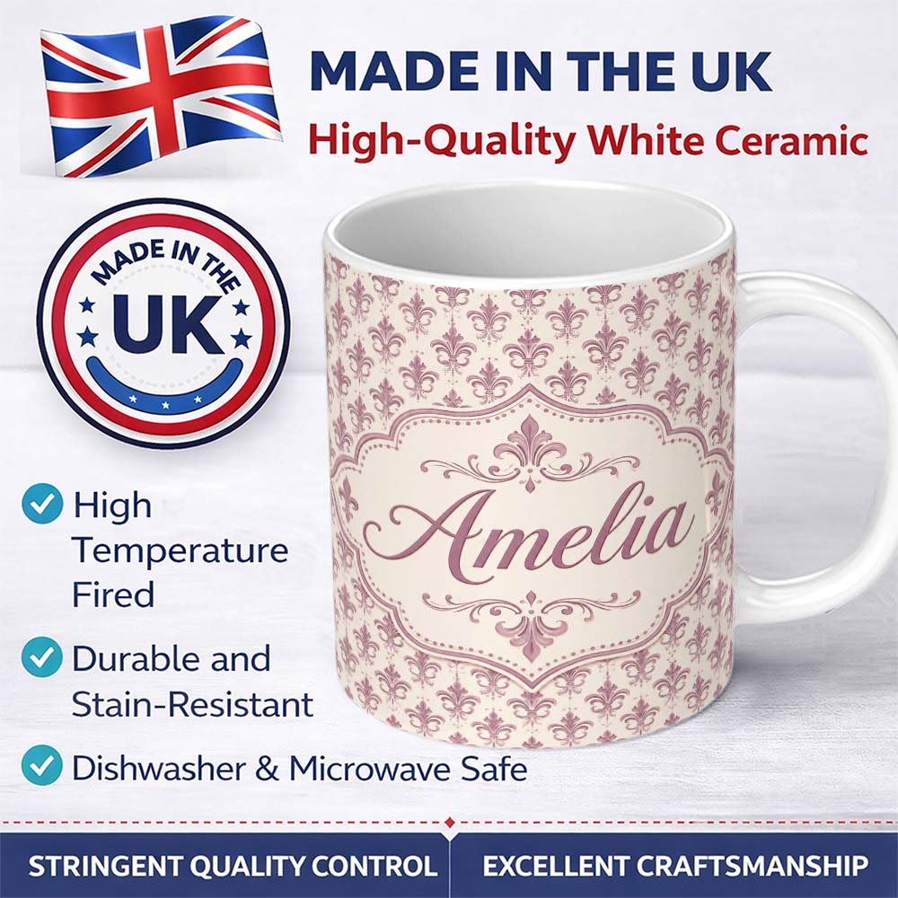 Personalized Custom Name Classic Fleur de Lis Pattern in Mauve on Cream Vintage Style Name 11oz Ceramic Coffee Tea Mug White Large Handle