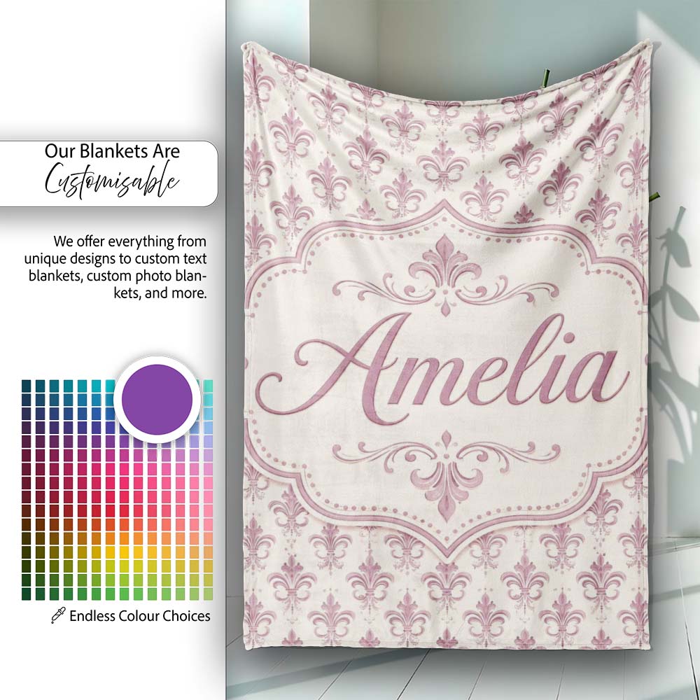 Classic Fleur de Lis Pattern in Mauve on Cream Vintage Style Name  Personalised Custom Name Super Soft Fleece Blanket Bed Sofa Throw