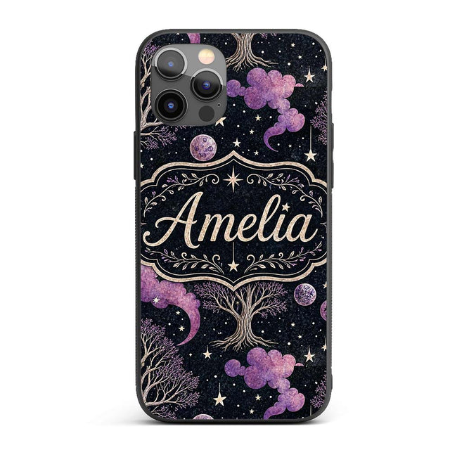 Purple Mystical Trees Moon Stars Night Seamless Custom Name Protective Phone Case Mobile Cover Durable Everyday Smartphone Shock Resistant