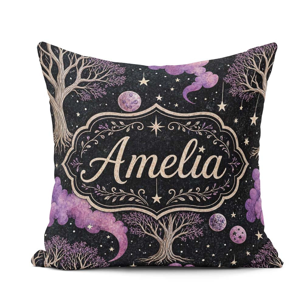 Custom Name Purple Mystical Trees Stars Night Seamless Pattern Square Filled Cushion Throw Pillow Sofa Bed Home Decor Zip Washable UK Made