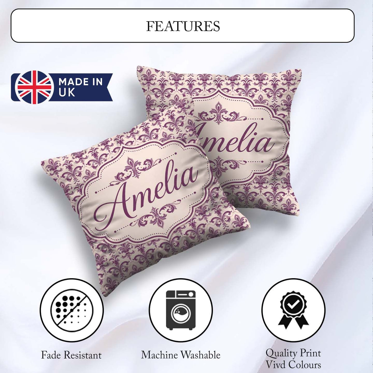 Custom Name Baroque Fleur de Lis Pattern in Deep Plum on Neutral Square Filled Cushion Throw Pillow Sofa Bed Home Decor Zip Washable UK Made
