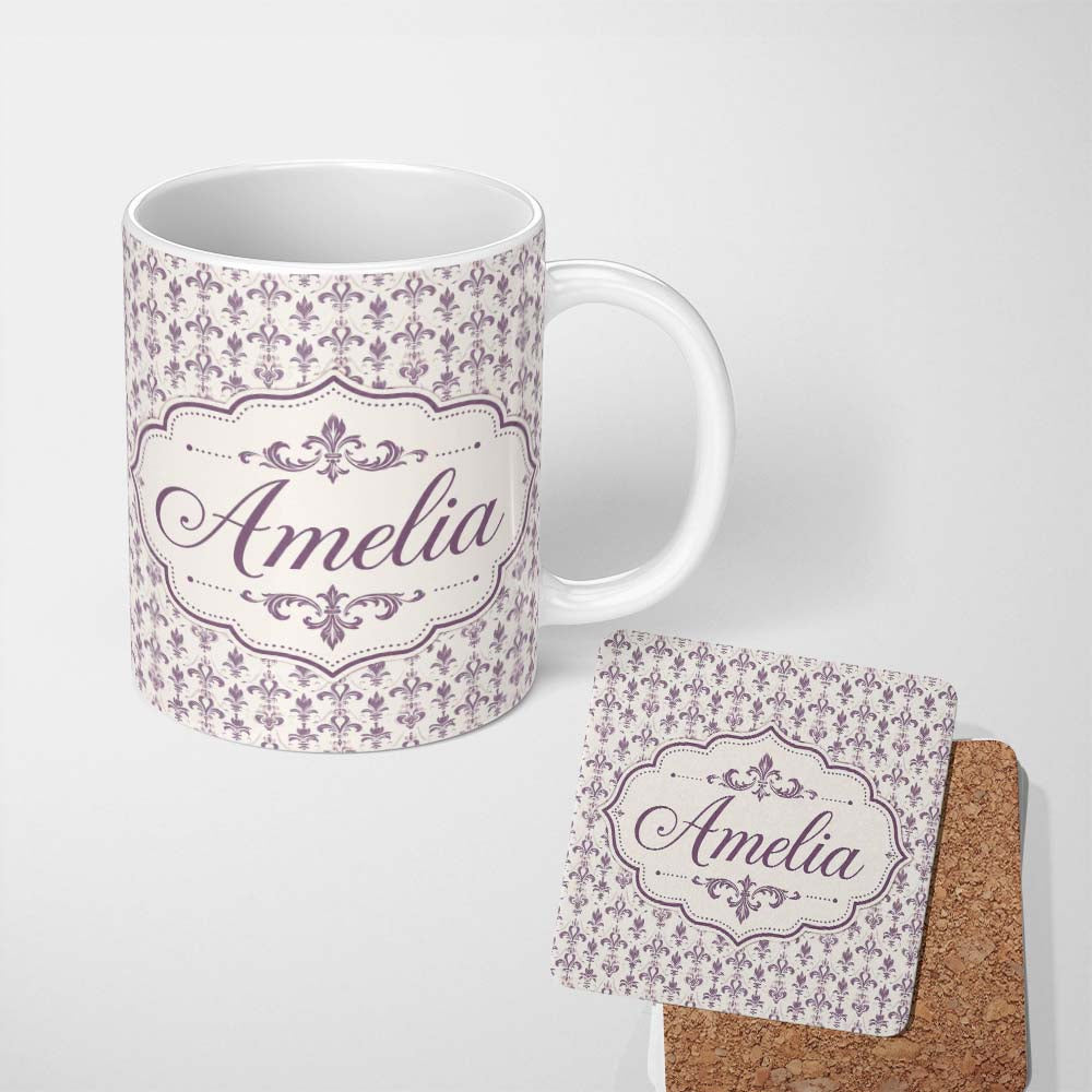 Personalized Custom Name Elegant Purple Fleur de Lis Pattern with Subtle Shaded Background 11oz Ceramic Coffee Tea Mug White Large Handle