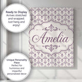 Personalised Name Elegant Purple Fleur de Custom  Bespoke Decorative Contemporary Canvas Wall Art Print Decor Picture Ready to Hang