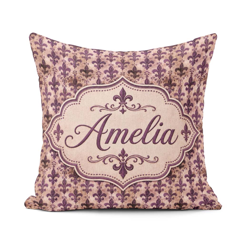 Custom Name Antique Style Fleur de Lis in Deep Purple Distressed Square Filled Cushion Throw Pillow Sofa Bed Home Decor Zip Washable UK Made