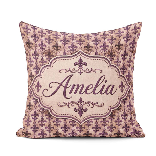 Custom Name Antique Style Fleur de Lis in Deep Purple Distressed Square Filled Cushion Throw Pillow Sofa Bed Home Decor Zip Washable UK Made