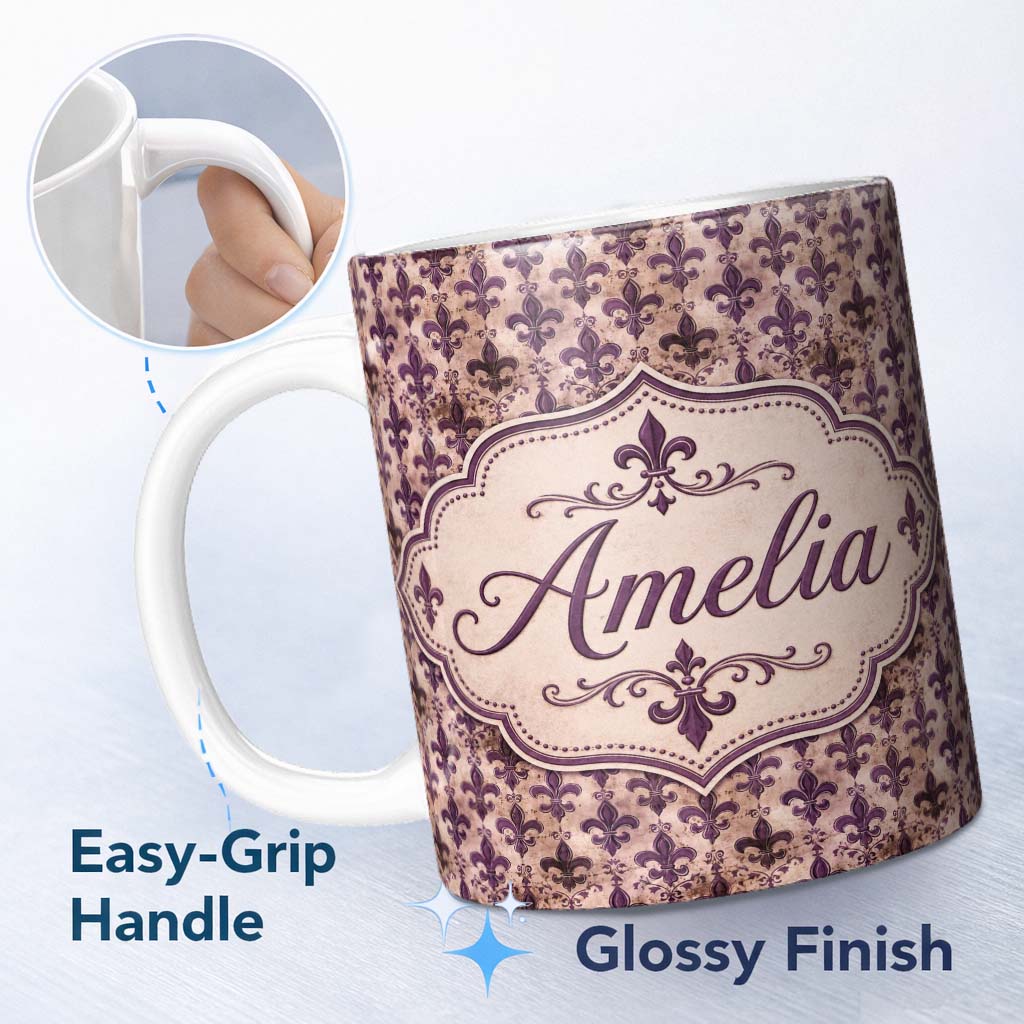 Personalized Custom Name Antique Style Fleur de Lis Pattern in Deep Purple with Distressed 11oz Ceramic Coffee Tea Mug White Large Handle